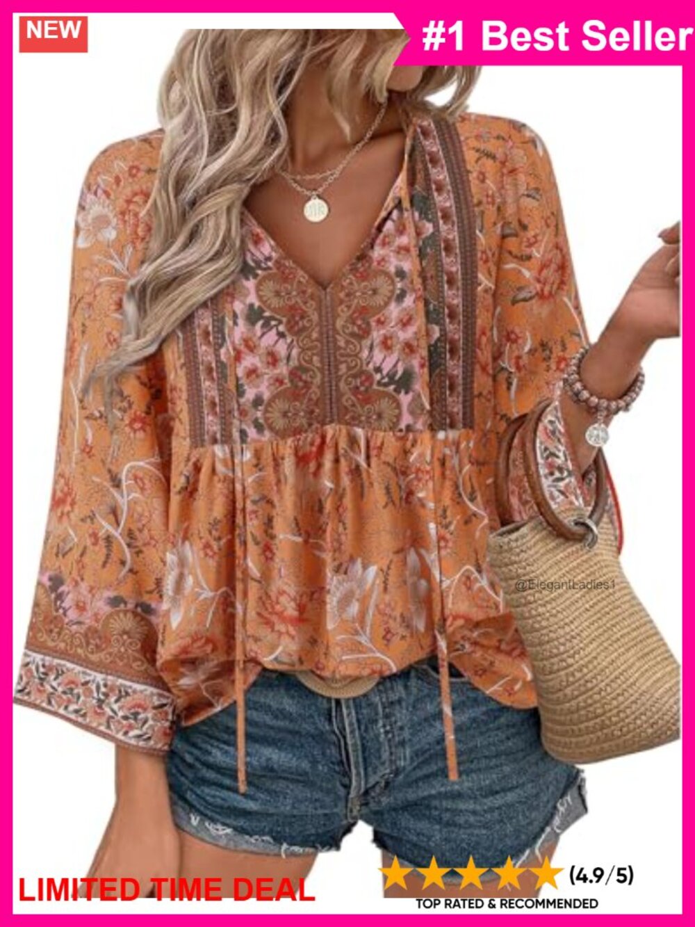 Boho Floral Peasant Blouse V-Neck 3/4 Flutter Sleeve Rayon Top